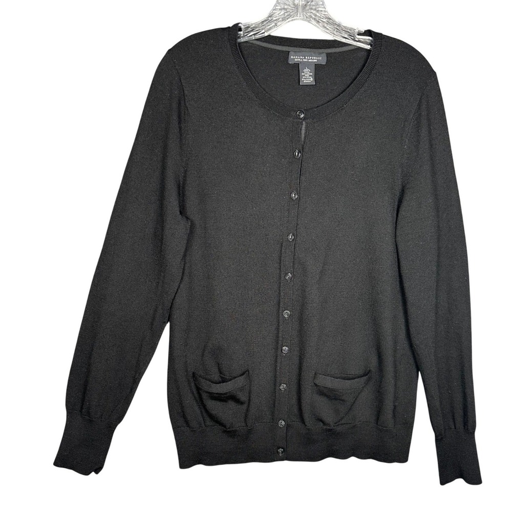 Banana Republic Womens Cardigan Large Black Merino Wool Button Up Pocket Sweater - Picture 2 of 7